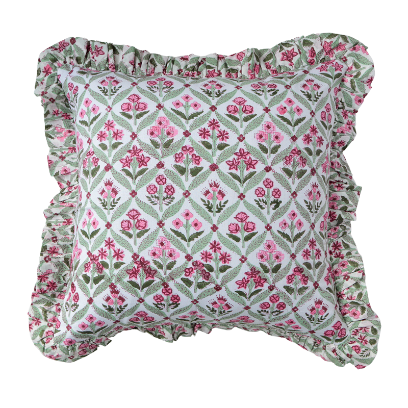 Hand Block Printed Square Frilled Cushion Covers