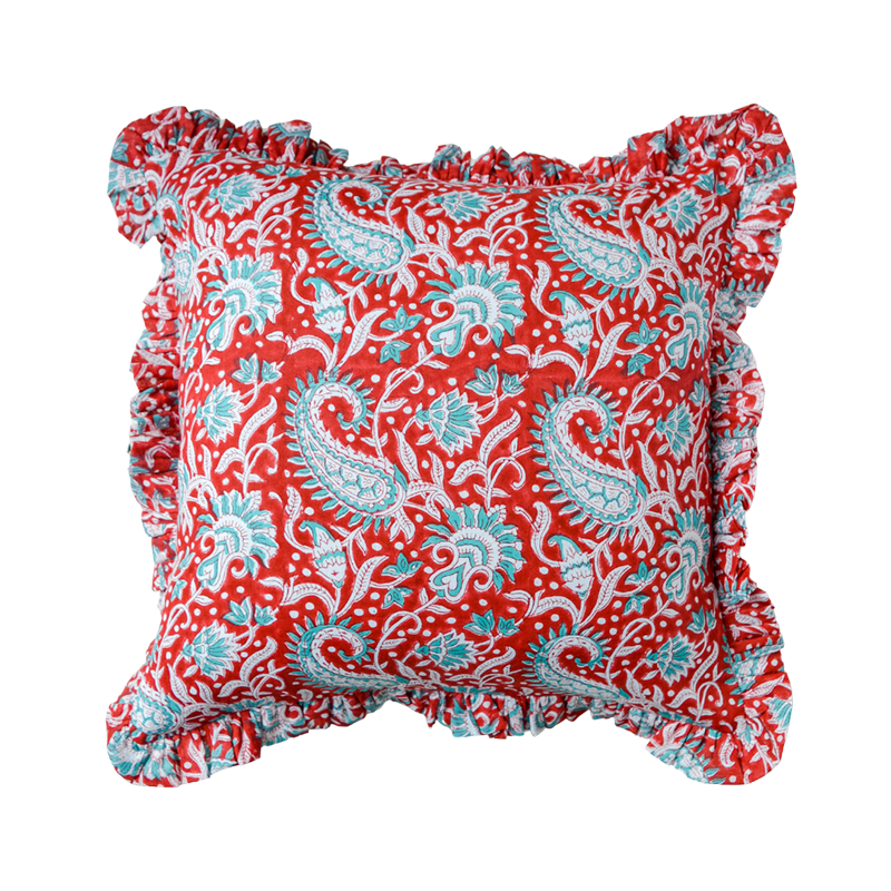 Hand Block Printed Square Frilled Cushion Covers